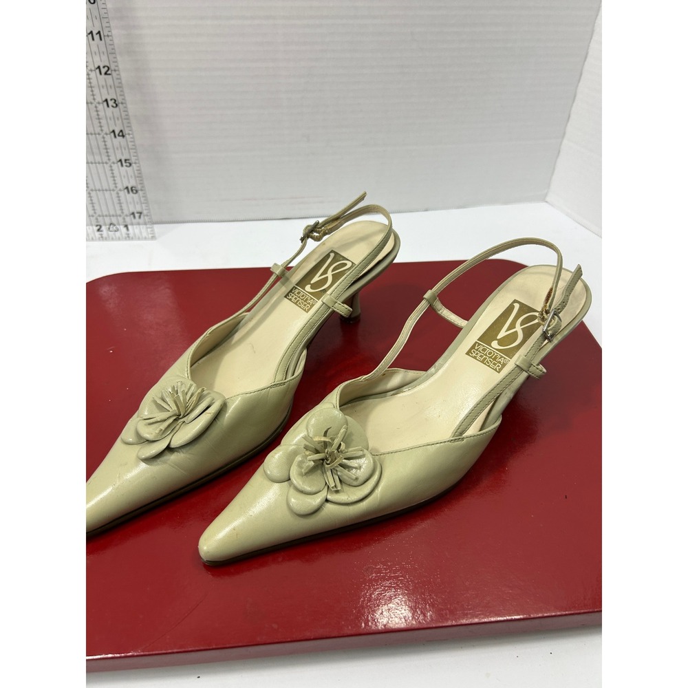 Victoria Spenser Floral Slingback Heels 6.5M Sage Green Leather Coquette 90s